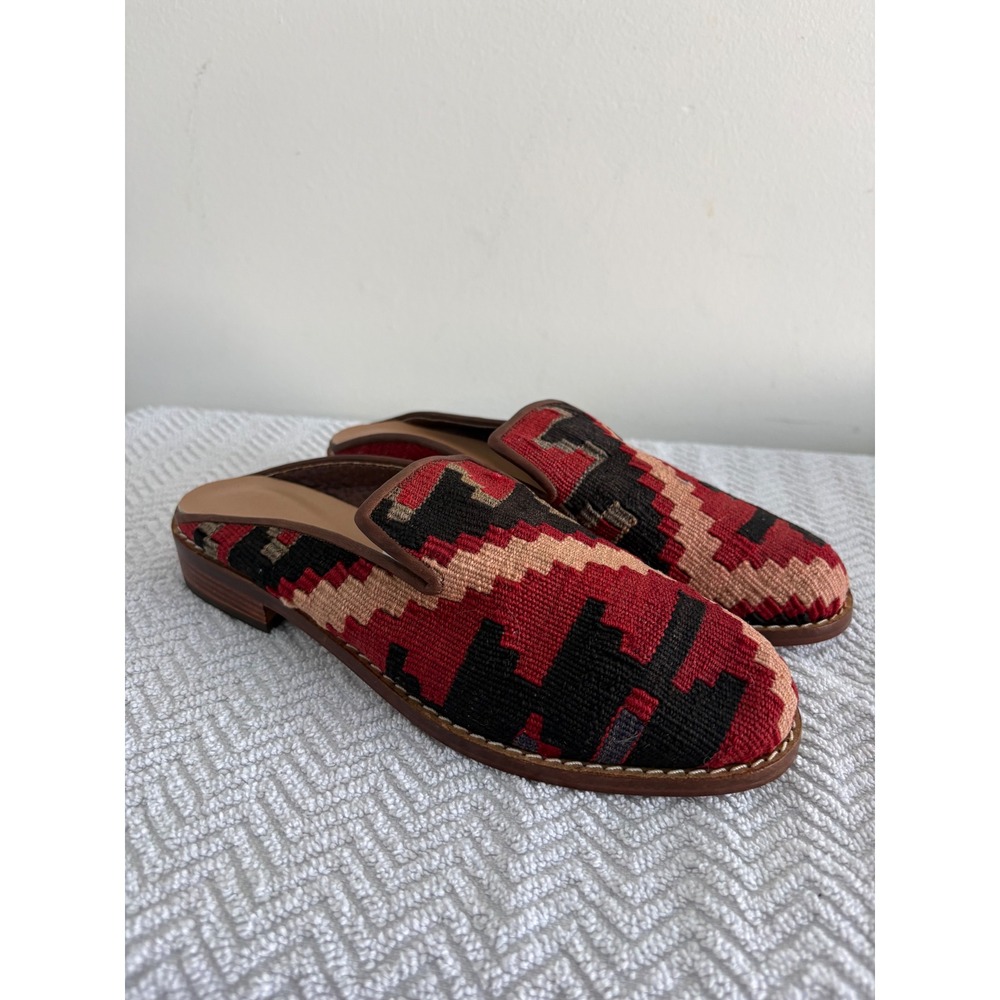 SAO Turkey Kilim Wool Mules Red Black Geometric Tapestry Loafer Slides Womens 6